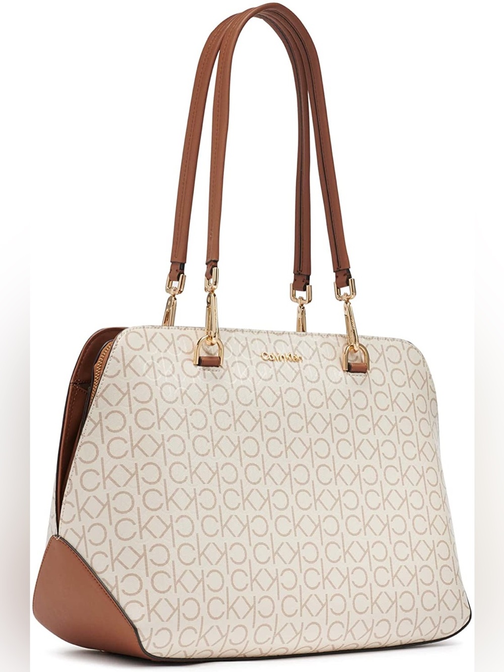 NWT Calvin Klein Cream Satchel with Brown Trim & Gold Hardware